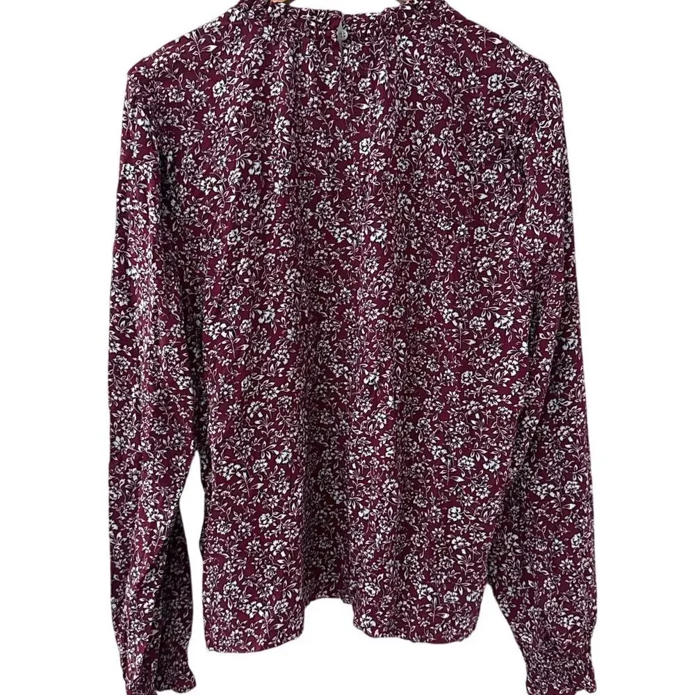 J. Crew Warm Burgundy Blue Bree Smocked Ruffleneck Top‎ Size Large